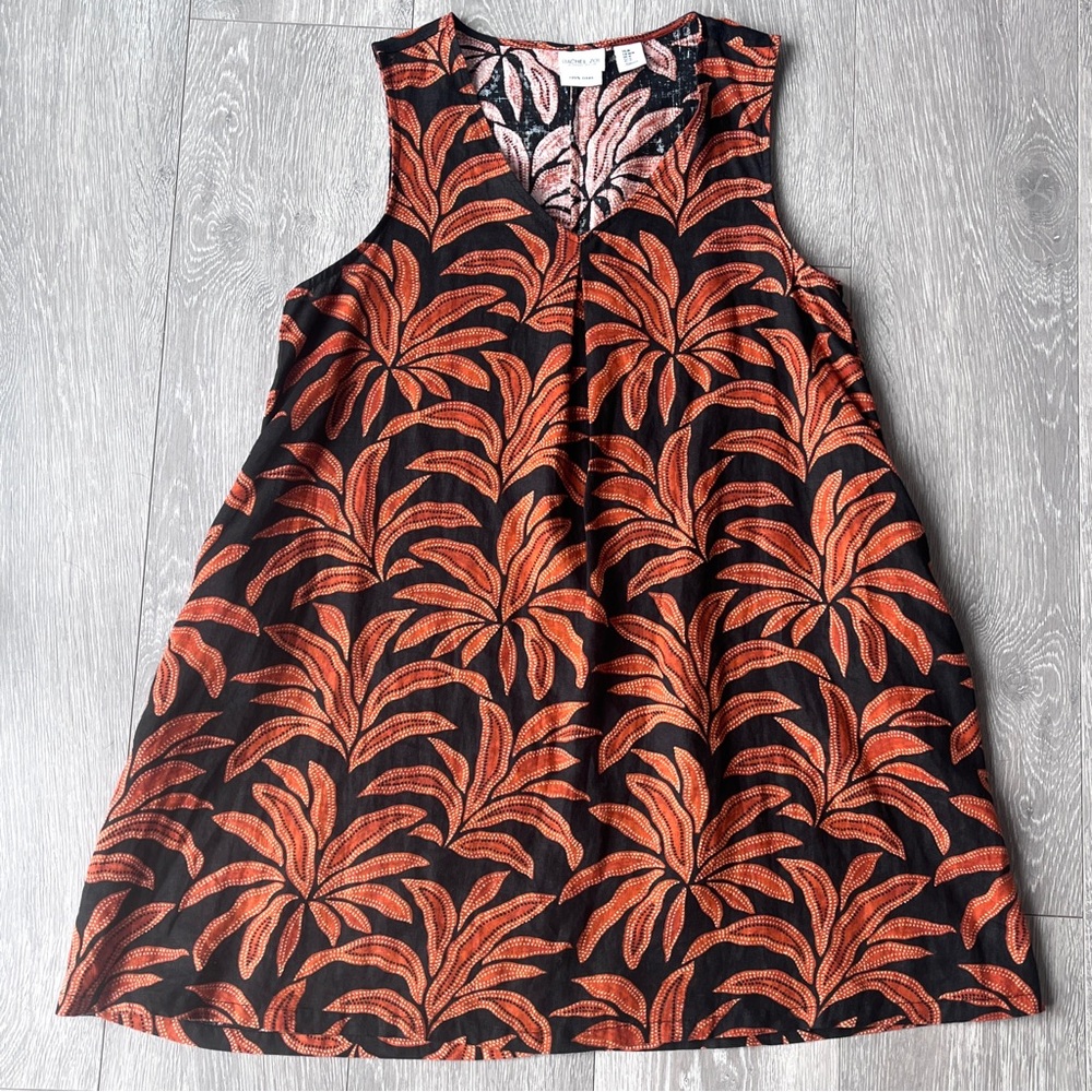 Rachel Zoe 100% Linen Palm Print A Line Dress Pockets Resort Tropical Size M